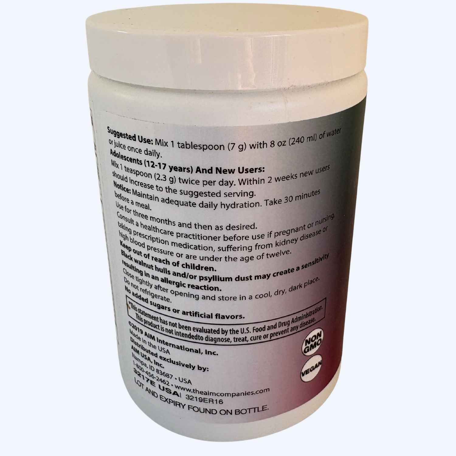 Directions for how to use Aim Herbal Fibre Blend, Container with label on a white background