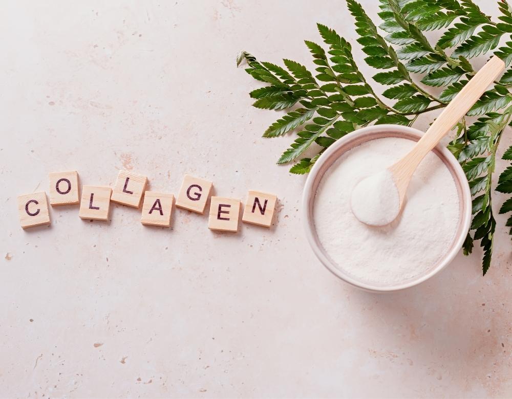 Hydrolysed collagen peptides powder in a ceramic bowl with spoon — natural protein supplement for skin, joints, and gut health.