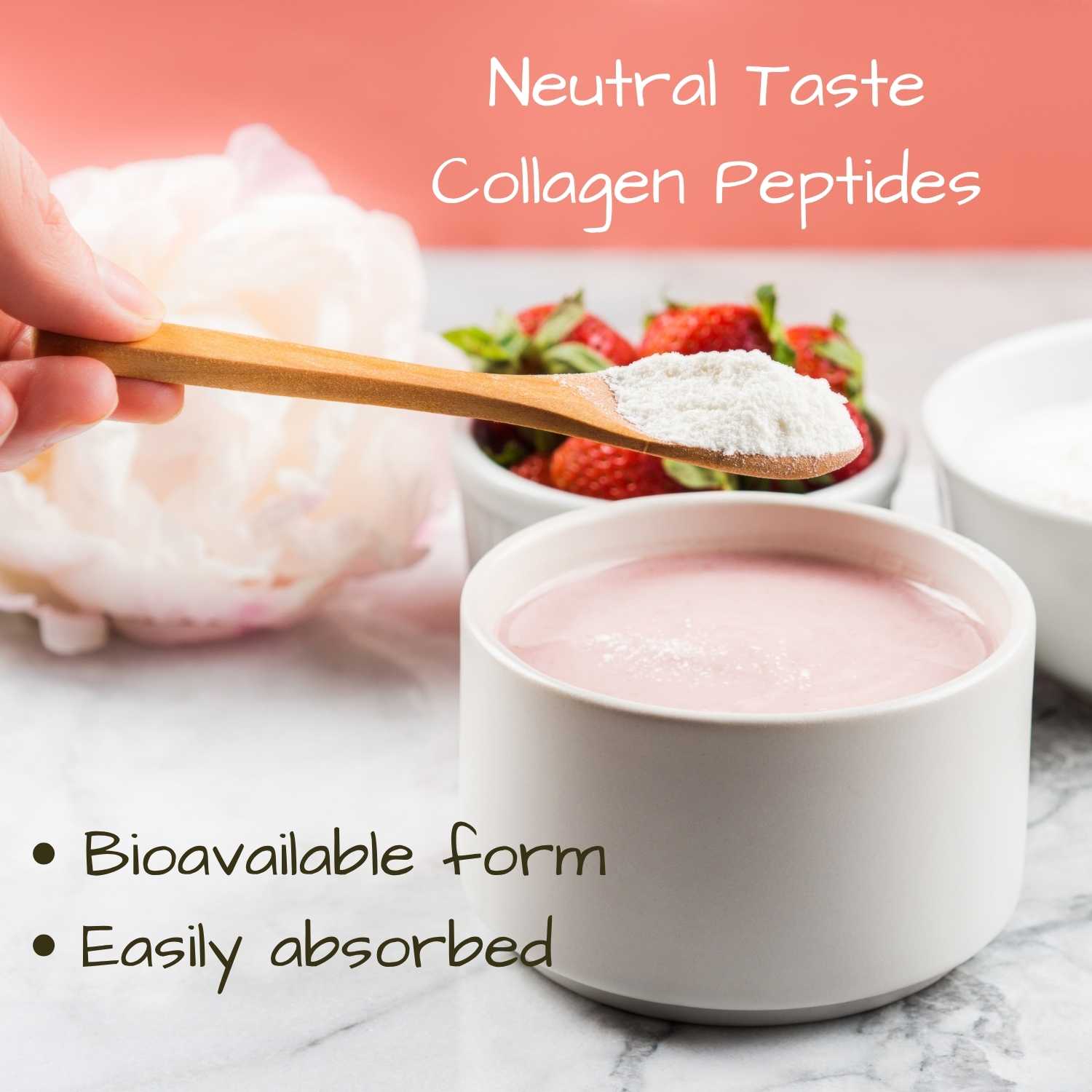 Neutral taste collagen peptides being scooped with a wooden spoon into a bowl of pink yoghurt, with strawberries in the background.