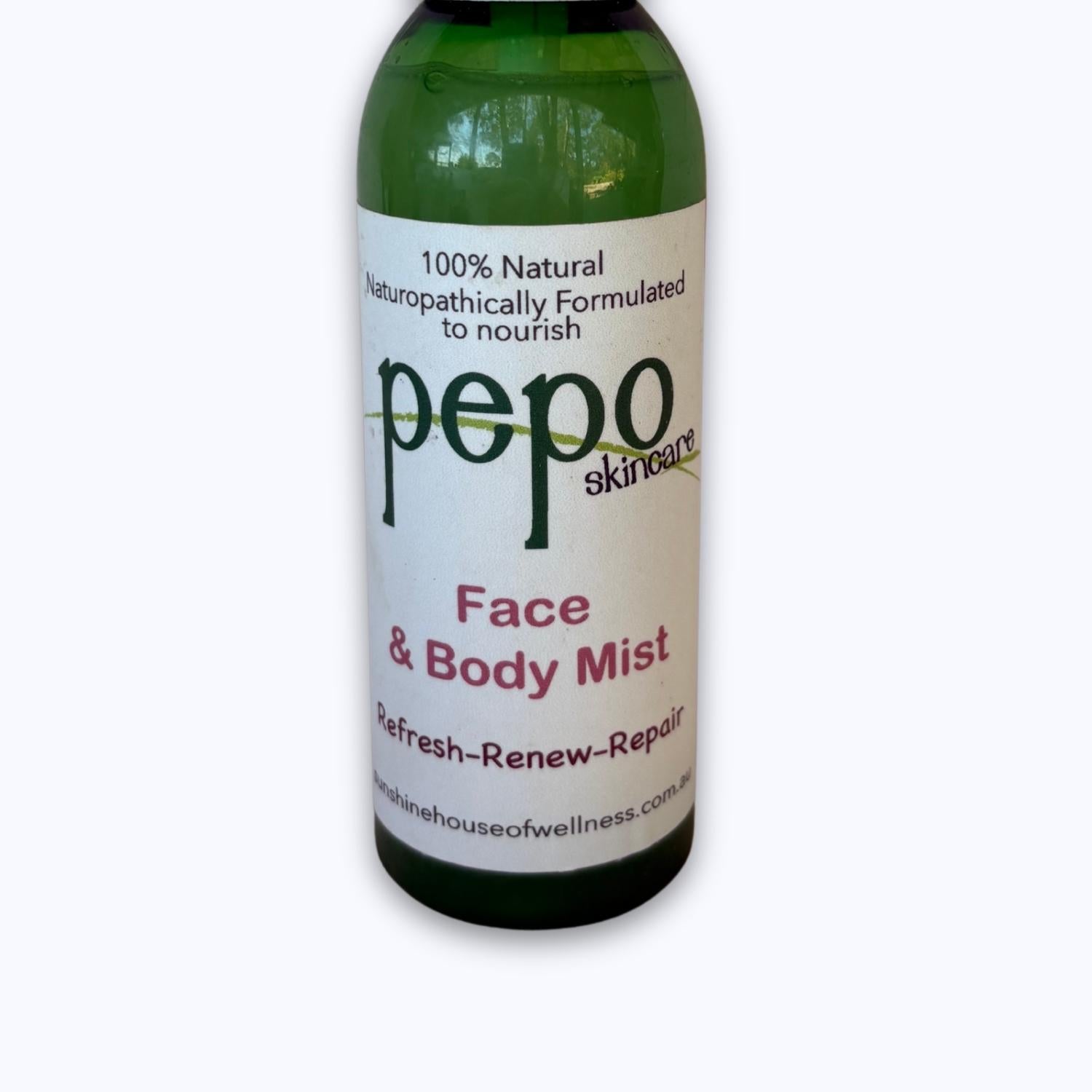 Bottle of pepo skincare Face & Body Mist, naturopath formulated ingredients on a white background