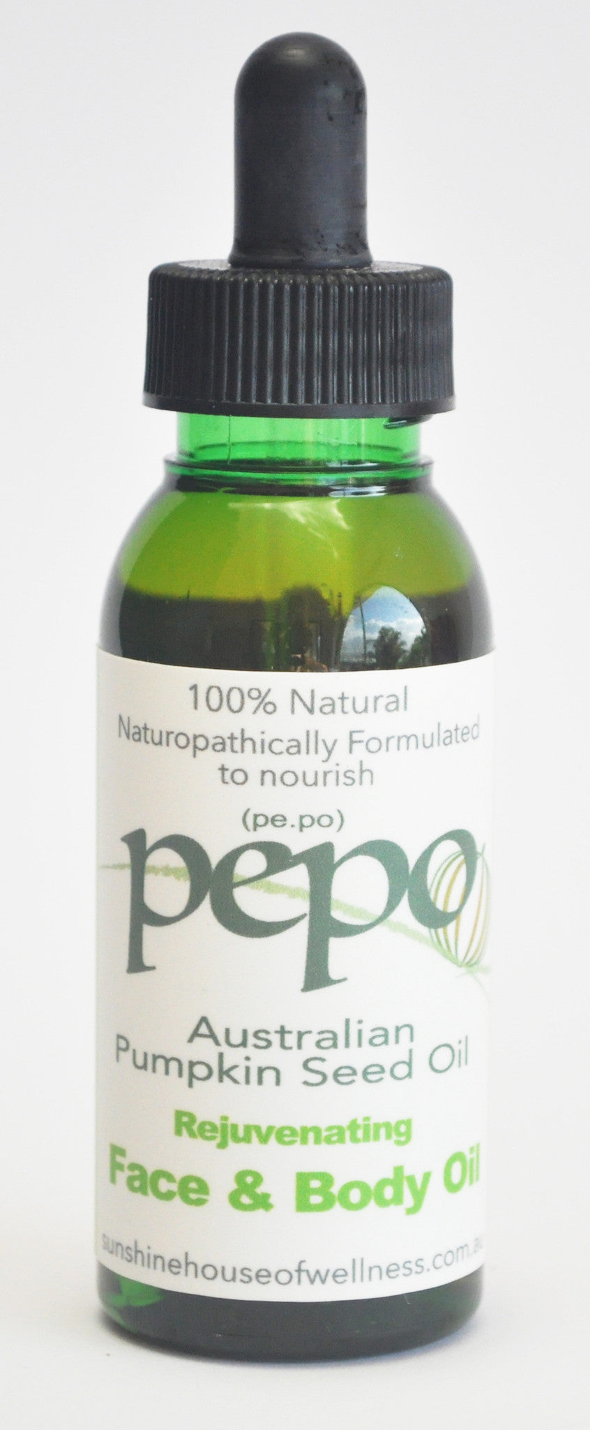 A bottle of PEPO Skincare Rejuvenating Face Oil with a dropper, labeled as 100% natural, Australian Pumpkin Seed Oil, Face & Body Oil, 60ml.